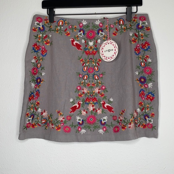Umgee Gray Embroidered Skirt Floral Birds Large - Picture 2 of 5